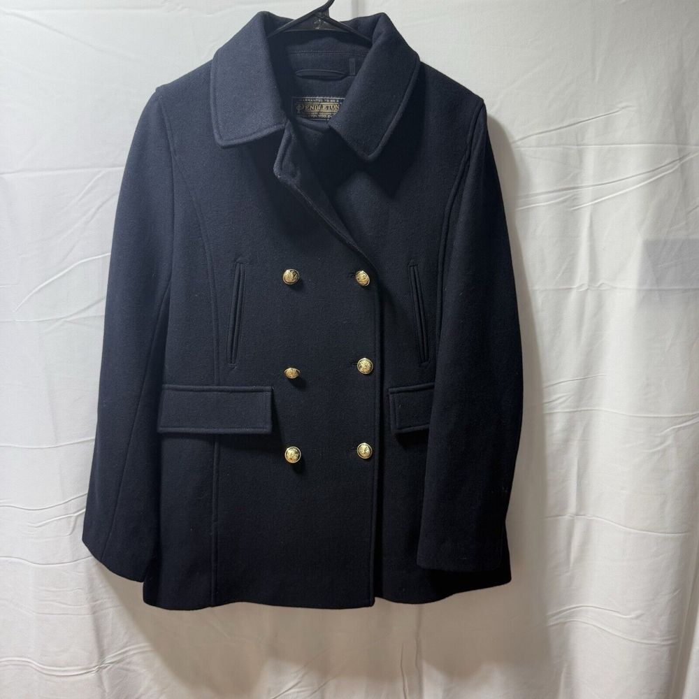 Pendleton Black Wool Blend Double Breasted Peacoat Gold Buttons Sz 10 CW117